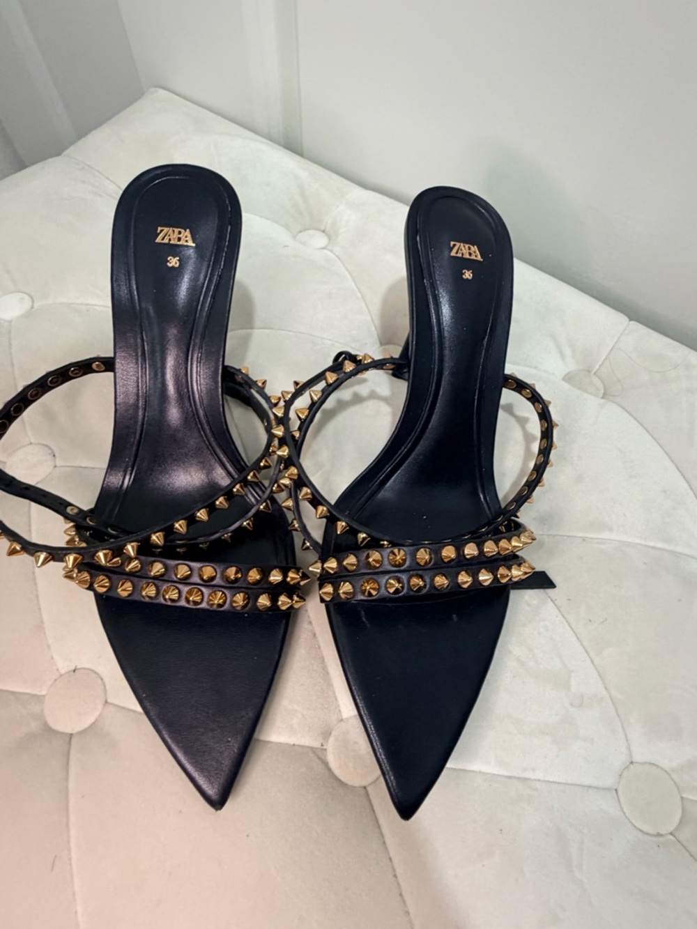 ZARA Black Pointed Stud-Embellished Strappy Mule Heels